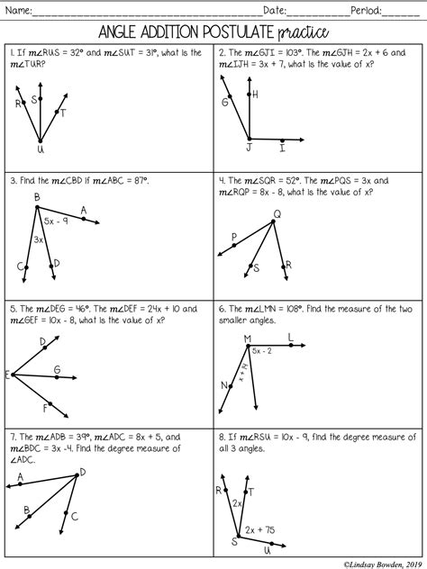 angle addition postulate worksheet with variables